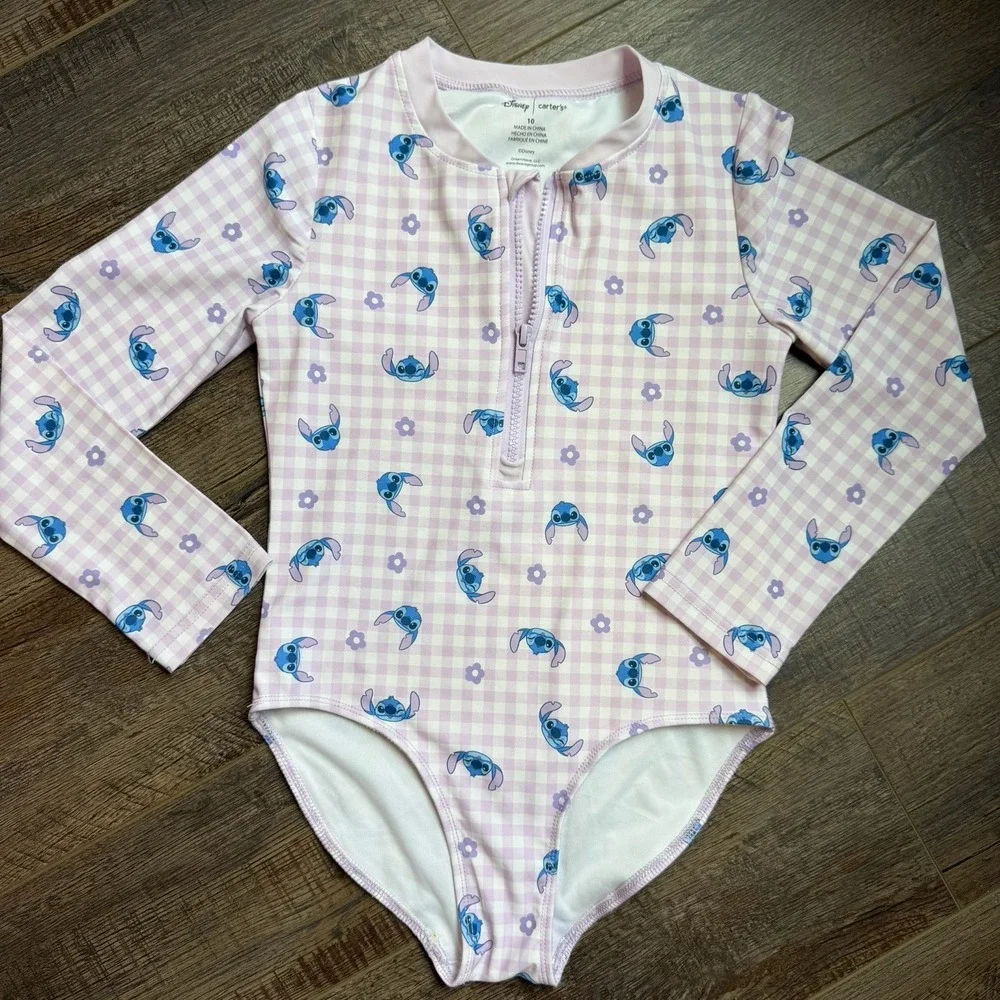 Disney Carter's Girls Lilo & Stitch Gingham 1-Piece Rashguard Swimsuit Size 10